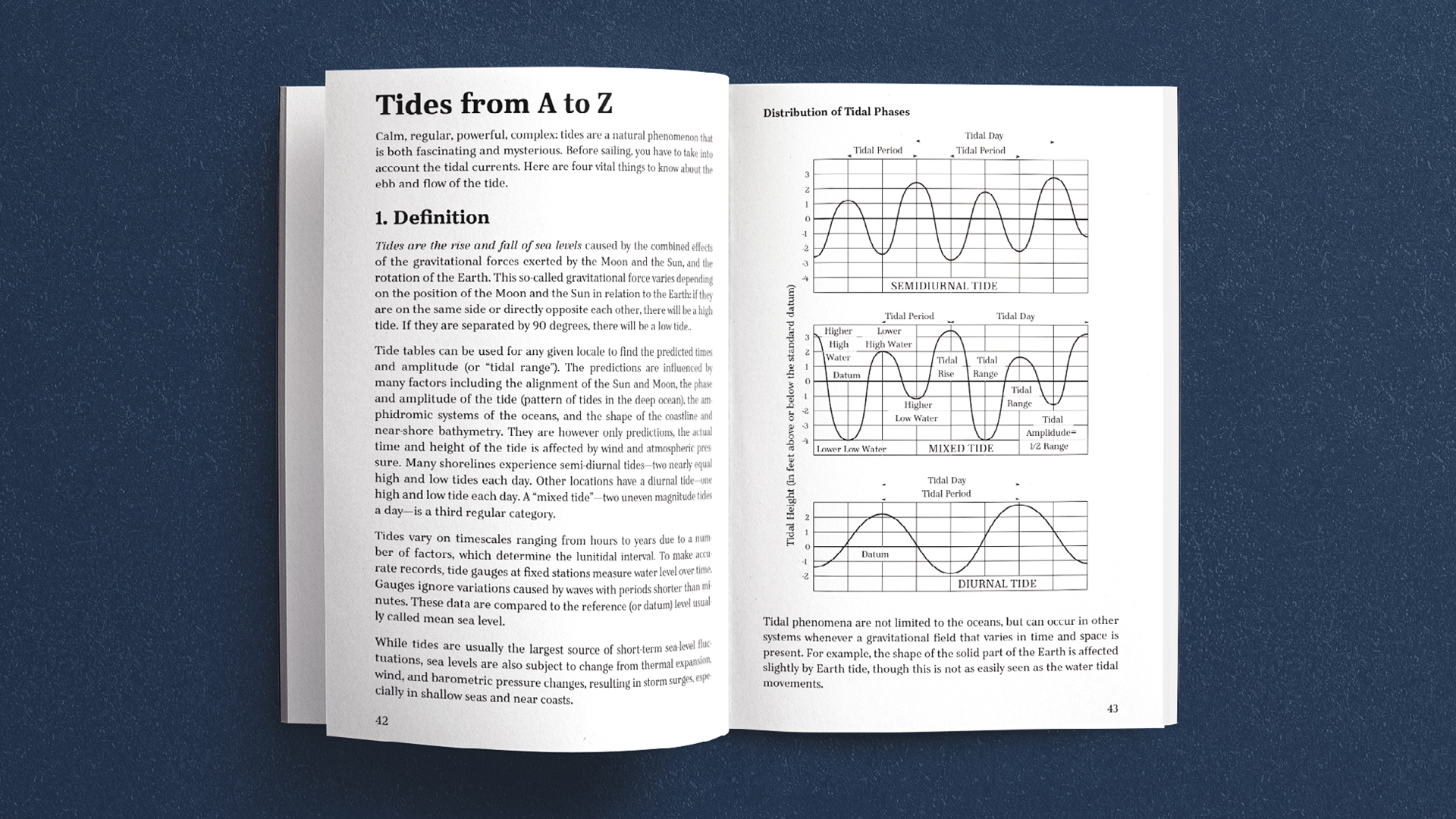 Inside of a book, written with Explorama typeface, explaining tides phenomenon